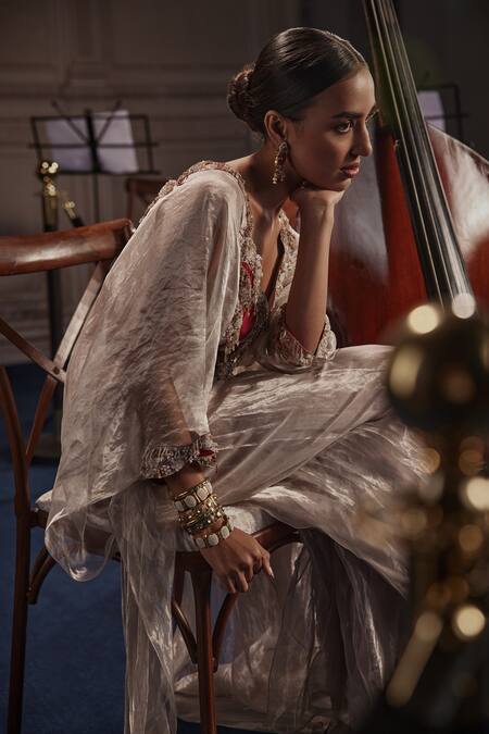 Ridhima Bhasin_Silver Crepe, Tissue Cut Work, Pearls, Sequins Red Cutwork Embellished Kurta Set _Online_at_Aza_Fashions