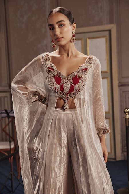 Buy_Ridhima Bhasin_Silver Crepe, Tissue Cut Work, Pearls, Sequins Red Cutwork Embellished Kurta Set _Online_at_Aza_Fashions