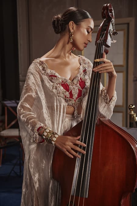 Shop_Ridhima Bhasin_Silver Crepe, Tissue Cut Work, Pearls, Sequins Red Cutwork Embellished Kurta Set _Online_at_Aza_Fashions