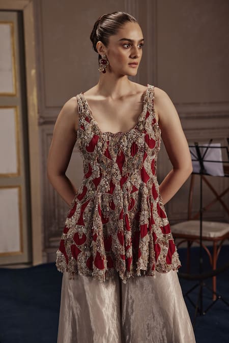 Ridhima Bhasin_Silver Crepe, Tissue Cut Work, Abstract Cutwork Peplum Kurta And Palazzo Set _Online_at_Aza_Fashions