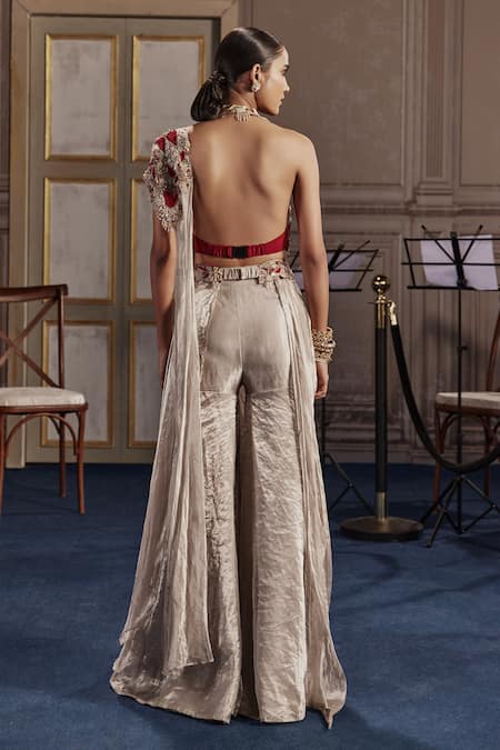 Ridhima Bhasin Abstract Cutwork Draped Sharara Saree Set 