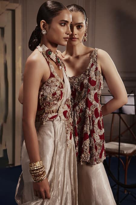 Ridhima Bhasin_Red Crepe, Tissue Sequins, Cut Work, Abstract Cutwork Draped Sharara Saree Set _Online_at_Aza_Fashions