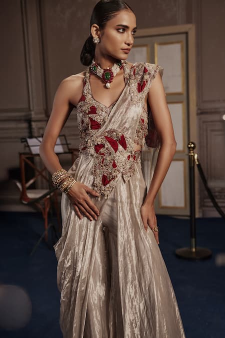 Buy_Ridhima Bhasin_Red Crepe, Tissue Sequins, Cut Work, Abstract Cutwork Draped Sharara Saree Set _Online_at_Aza_Fashions