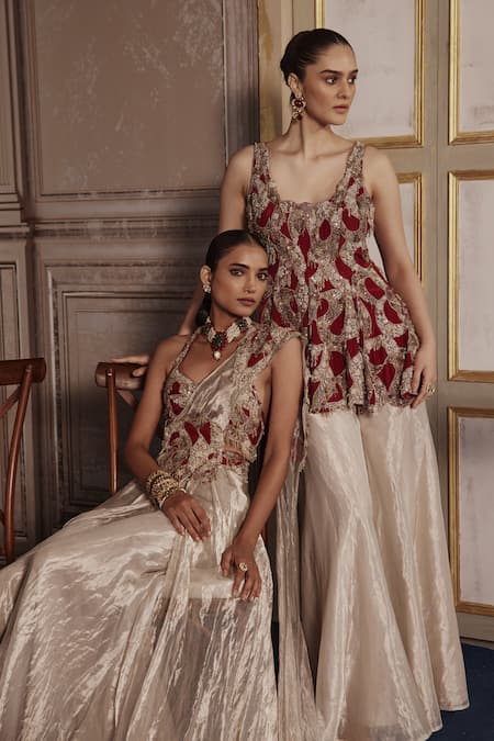 Shop_Ridhima Bhasin_Red Crepe, Tissue Sequins, Cut Work, Abstract Cutwork Draped Sharara Saree Set _Online_at_Aza_Fashions