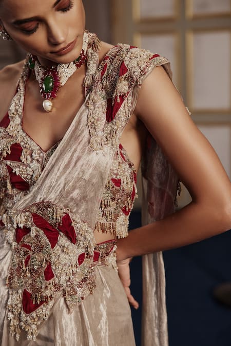 Ridhima Bhasin_Red Crepe, Tissue Sequins, Cut Work, Abstract Cutwork Draped Sharara Saree Set _at_Aza_Fashions