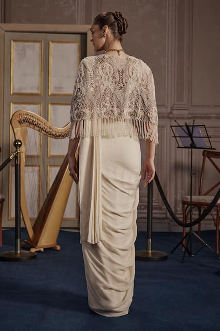 Shop Ridhima Bhasin Ivory Crepe, Chiffon, Net Cut Work, Pearls, Embroidered Pre-draped Saree Set at Aza Fashions Shop_Ridhima Bhasin_Ivory Crepe, Chiffon, Net Cut Work, Pearls, Embroidered Pre-draped Saree Set _at_Aza_Fashions
