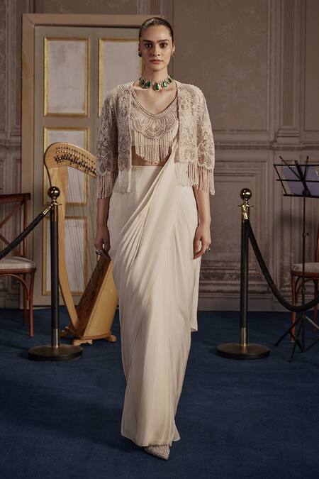 Ridhima Bhasin Ivory Crepe, Chiffon, Net Cut Work, Pearls, Embroidered Pre-draped Saree Set Online at Aza Fashions Ridhima Bhasin_Ivory Crepe, Chiffon, Net Cut Work, Pearls, Embroidered Pre-draped Saree Set _Online_at_Aza_Fashions