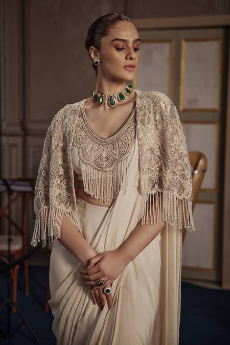 Buy Ridhima Bhasin Ivory Crepe, Chiffon, Net Cut Work, Pearls, Embroidered Pre-draped Saree Set Online at Aza Fashions Buy_Ridhima Bhasin_Ivory Crepe, Chiffon, Net Cut Work, Pearls, Embroidered Pre-draped Saree Set _Online_at_Aza_Fashions