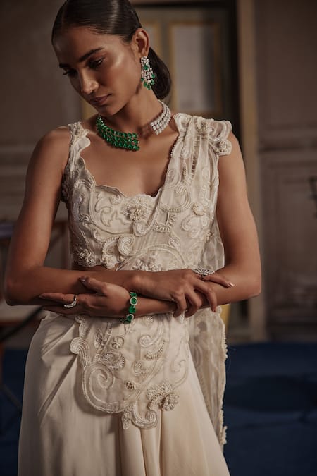 Ridhima Bhasin Ivory Crepe, Organza Pearls, Floral Vine Embellished Pre-draped Saree Set Online at Aza Fashions Ridhima Bhasin_Ivory Crepe, Organza Pearls, Floral Vine Embellished Pre-draped Saree Set _Online_at_Aza_Fashions
