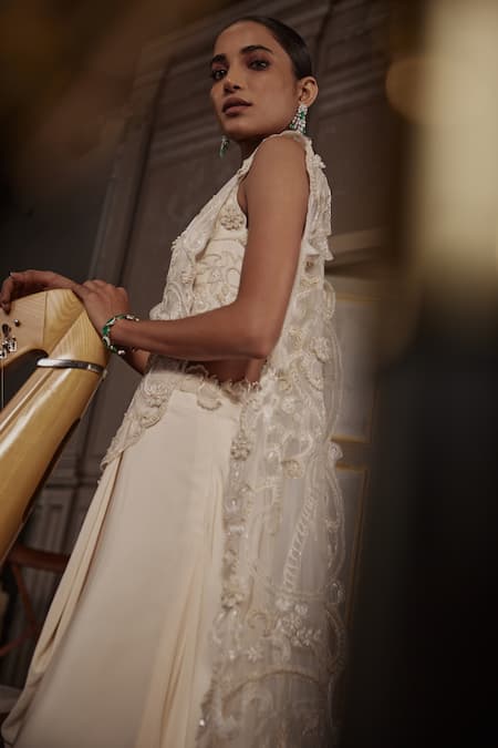 Buy Ridhima Bhasin Ivory Crepe, Organza Pearls, Floral Vine Embellished Pre-draped Saree Set Online at Aza Fashions Buy_Ridhima Bhasin_Ivory Crepe, Organza Pearls, Floral Vine Embellished Pre-draped Saree Set _Online_at_Aza_Fashions
