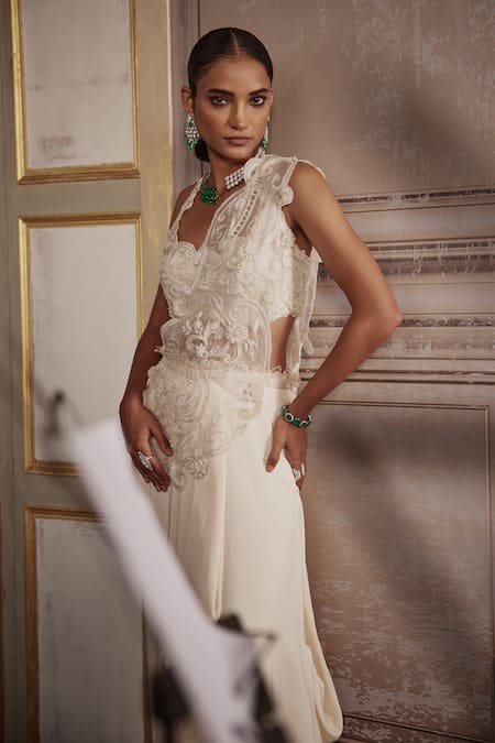 Shop Ridhima Bhasin Ivory Crepe, Organza Pearls, Floral Vine Embellished Pre-draped Saree Set Online at Aza Fashions Shop_Ridhima Bhasin_Ivory Crepe, Organza Pearls, Floral Vine Embellished Pre-draped Saree Set _Online_at_Aza_Fashions