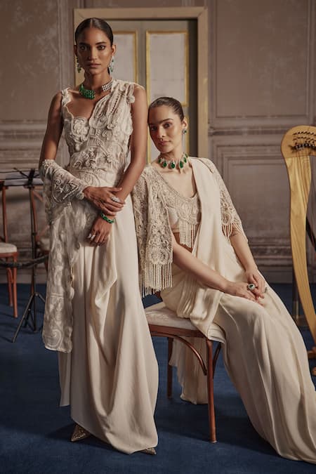 Ridhima Bhasin Ivory Crepe, Organza Pearls, Floral Vine Embellished Pre-draped Saree Set at Aza Fashions Ridhima Bhasin_Ivory Crepe, Organza Pearls, Floral Vine Embellished Pre-draped Saree Set _at_Aza_Fashions