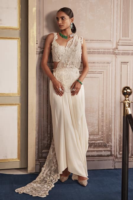 Buy Ridhima Bhasin Ivory Crepe, Organza Pearls, Floral Vine Embellished Pre-draped Saree Set Buy_Ridhima Bhasin_Ivory Crepe, Organza Pearls, Floral Vine Embellished Pre-draped Saree Set