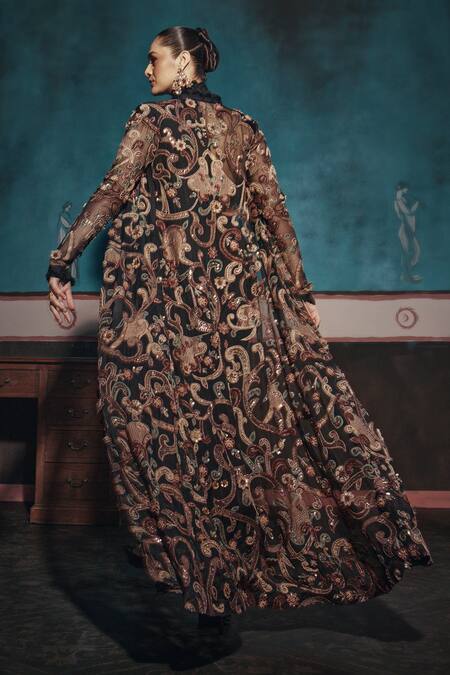 Ridhima Bhasin Black Organza, Chiffon Cut Work, Embellished Pre-draped Saree And Jacket Set Online at Aza Fashions Ridhima Bhasin_Black Organza, Chiffon Cut Work, Embellished Pre-draped Saree And Jacket Set _Online_at_Aza_Fashions