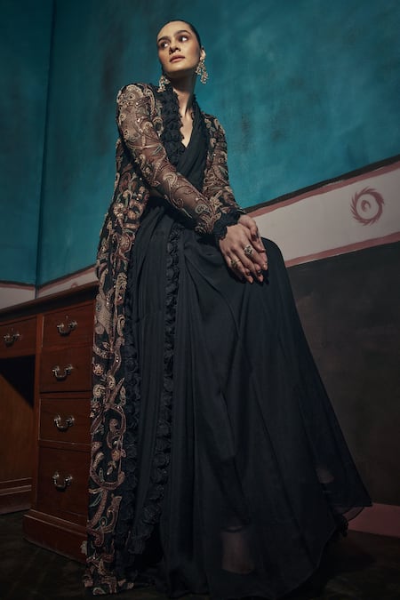 Buy Ridhima Bhasin Black Organza, Chiffon Cut Work, Embellished Pre-draped Saree And Jacket Set Online at Aza Fashions Buy_Ridhima Bhasin_Black Organza, Chiffon Cut Work, Embellished Pre-draped Saree And Jacket Set _Online_at_Aza_Fashions