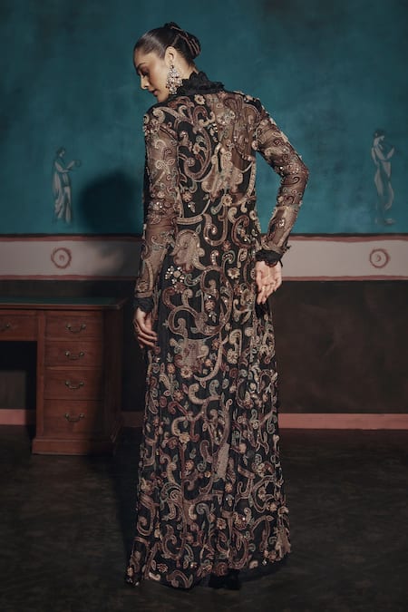 Shop Ridhima Bhasin Black Organza, Chiffon Cut Work, Embellished Pre-draped Saree And Jacket Set at Aza Fashions Shop_Ridhima Bhasin_Black Organza, Chiffon Cut Work, Embellished Pre-draped Saree And Jacket Set _at_Aza_Fashions
