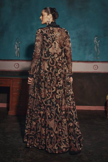 Shop Ridhima Bhasin Black Organza, Chiffon Cut Work, Embellished Pre-draped Saree And Jacket Set Online at Aza Fashions Shop_Ridhima Bhasin_Black Organza, Chiffon Cut Work, Embellished Pre-draped Saree And Jacket Set _Online_at_Aza_Fashions