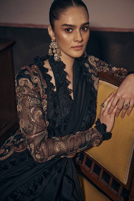 Ridhima Bhasin Black Organza, Chiffon Cut Work, Embellished Pre-draped Saree And Jacket Set at Aza Fashions Ridhima Bhasin_Black Organza, Chiffon Cut Work, Embellished Pre-draped Saree And Jacket Set _at_Aza_Fashions