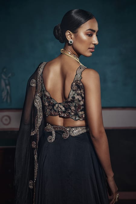 Shop Ridhima Bhasin Black Organza Pearls, Sequins, Cut Work Scoop Embellished Geometric Lehenga Set Online at Aza Fashions Shop_Ridhima Bhasin_Black Organza Pearls, Sequins, Cut Work Scoop Embellished Geometric Lehenga Set _Online_at_Aza_Fashions