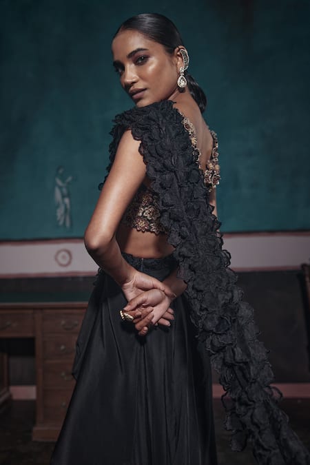 Ridhima Bhasin_Black Crepe, Organza Cut Work, Sequins, Frilled Pre-draped Saree And 3d Blouse _Online_at_Aza_Fashions