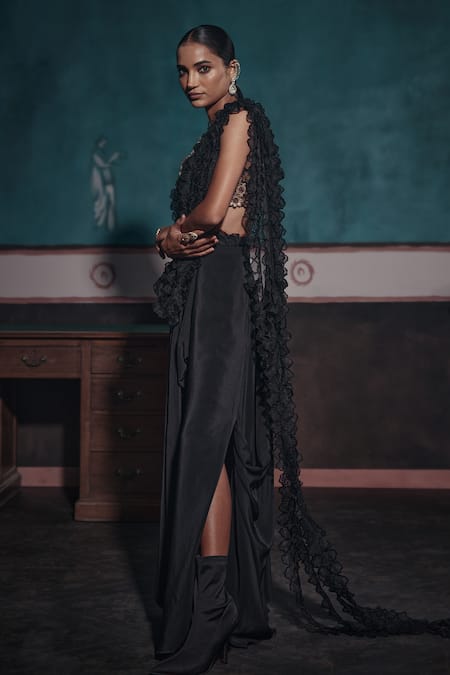 Buy_Ridhima Bhasin_Black Crepe, Organza Cut Work, Sequins, Frilled Pre-draped Saree And 3d Blouse _Online_at_Aza_Fashions