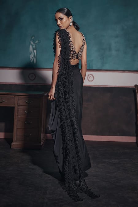 Shop_Ridhima Bhasin_Black Crepe, Organza Cut Work, Sequins, Frilled Pre-draped Saree And 3d Blouse _Online_at_Aza_Fashions