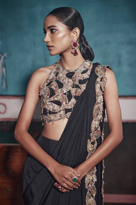 Shop Ridhima Bhasin Black Chiffon, Tissue Pearls, Cut Work, Cutwork Abstract Border Pre-draped Saree Online at Aza Fashions Shop_Ridhima Bhasin_Black Chiffon, Tissue Pearls, Cut Work, Cutwork Abstract Border Pre-draped Saree _Online_at_Aza_Fashions