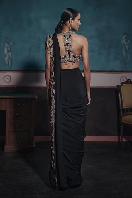 Shop Ridhima Bhasin Black Chiffon, Tissue Pearls, Cut Work, Cutwork Abstract Border Pre-draped Saree at Aza Fashions Shop_Ridhima Bhasin_Black Chiffon, Tissue Pearls, Cut Work, Cutwork Abstract Border Pre-draped Saree _at_Aza_Fashions