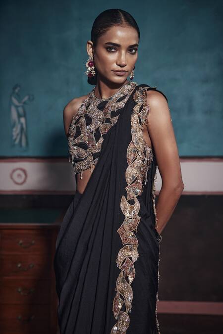 Ridhima Bhasin Black Chiffon, Tissue Pearls, Cut Work, Cutwork Abstract Border Pre-draped Saree at Aza Fashions Ridhima Bhasin_Black Chiffon, Tissue Pearls, Cut Work, Cutwork Abstract Border Pre-draped Saree _at_Aza_Fashions