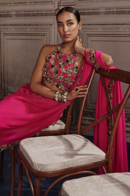 Ridhima Bhasin_Fuchsia Chiffon, Crepe Pearls, Cutwork Embellished Pre-draped Saree Set _Online_at_Aza_Fashions