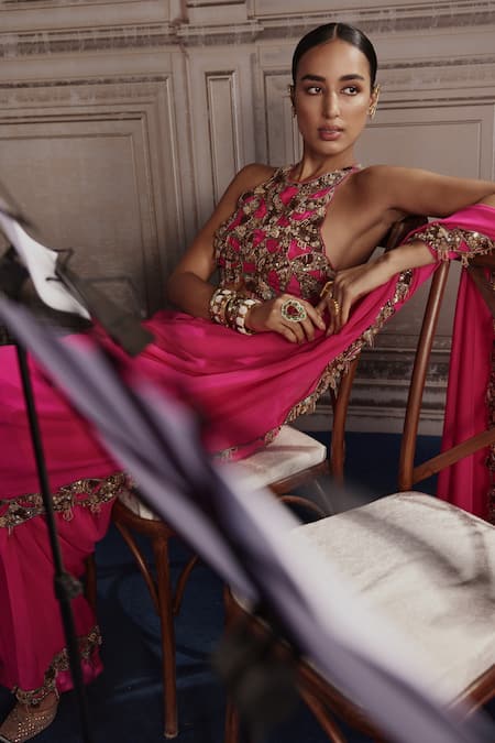 Shop_Ridhima Bhasin_Fuchsia Chiffon, Crepe Pearls, Cutwork Embellished Pre-draped Saree Set _Online_at_Aza_Fashions