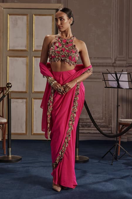 Ridhima Bhasin_Fuchsia Chiffon, Crepe Pearls, Cutwork Embellished Pre-draped Saree Set _at_Aza_Fashions