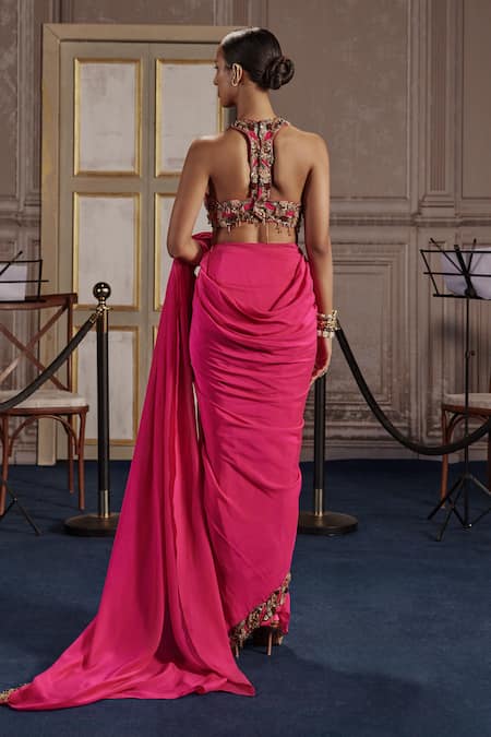 Shop_Ridhima Bhasin_Fuchsia Chiffon, Crepe Pearls, Cutwork Embellished Pre-draped Saree Set _at_Aza_Fashions
