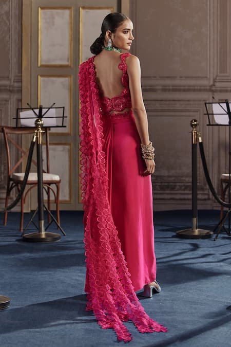 Ridhima Bhasin Fuchsia Layered Frilled Pre-Draped Saree 