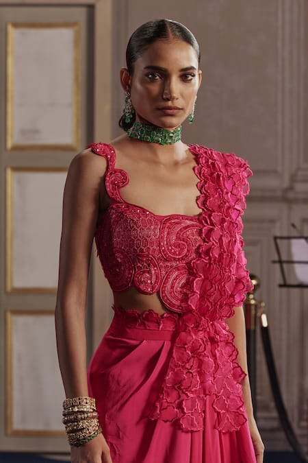 Ridhima Bhasin_Fuchsia Crepe, Organza Cut Work, Sequins, Layered Frilled Pre-draped Saree _Online_at_Aza_Fashions