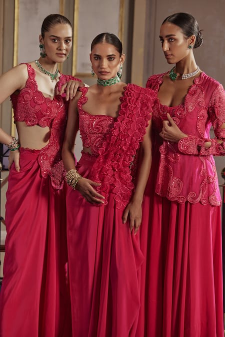 Buy_Ridhima Bhasin_Fuchsia Crepe, Organza Cut Work, Sequins, Layered Frilled Pre-draped Saree _Online_at_Aza_Fashions