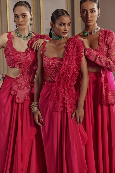 Shop_Ridhima Bhasin_Fuchsia Crepe, Organza Cut Work, Sequins, Layered Frilled Pre-draped Saree _Online_at_Aza_Fashions