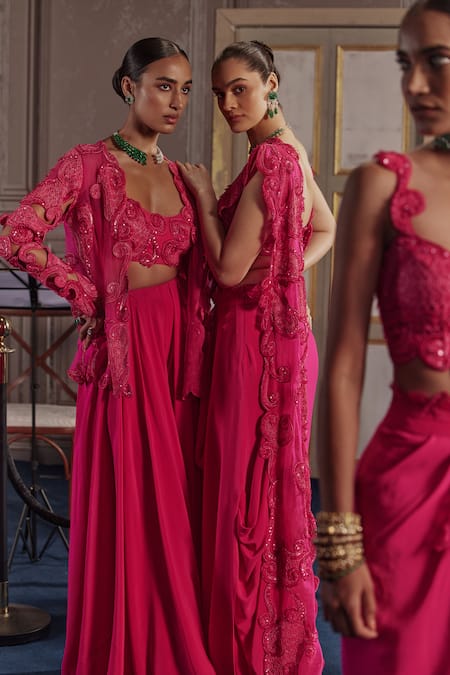 Ridhima Bhasin_Fuchsia Crepe, Organza Cut Work, Sequins, Layered Frilled Pre-draped Saree _at_Aza_Fashions