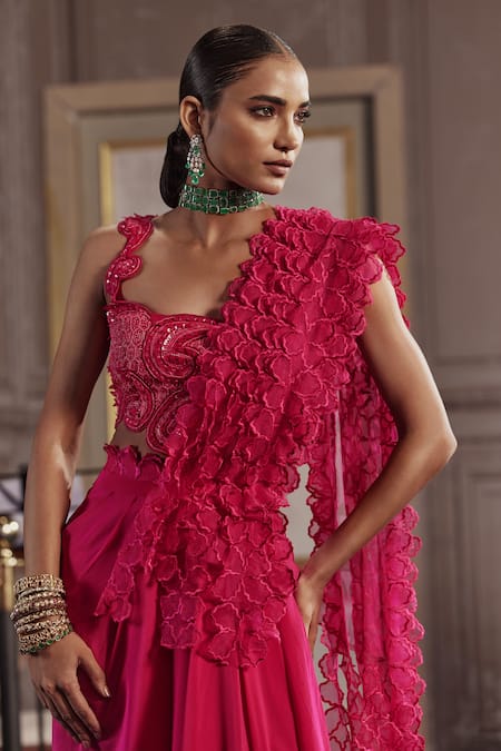 Buy_Ridhima Bhasin_Fuchsia Crepe, Organza Cut Work, Sequins, Layered Frilled Pre-draped Saree 