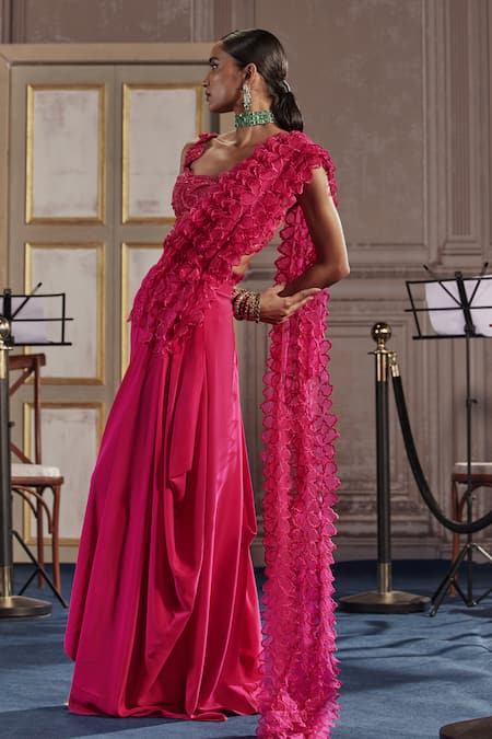 Shop_Ridhima Bhasin_Fuchsia Crepe, Organza Cut Work, Sequins, Layered Frilled Pre-draped Saree 