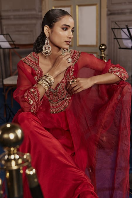 Ridhima Bhasin Red Silk, Organza Sequins Scoop Neck Embroidered Kaftan And Palazzo Set Online at Aza Fashions Ridhima Bhasin_Red Silk, Organza Sequins Scoop Neck Embroidered Kaftan And Palazzo Set _Online_at_Aza_Fashions