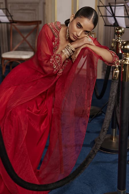 Buy Ridhima Bhasin Red Silk, Organza Sequins Scoop Neck Embroidered Kaftan And Palazzo Set Online at Aza Fashions Buy_Ridhima Bhasin_Red Silk, Organza Sequins Scoop Neck Embroidered Kaftan And Palazzo Set _Online_at_Aza_Fashions