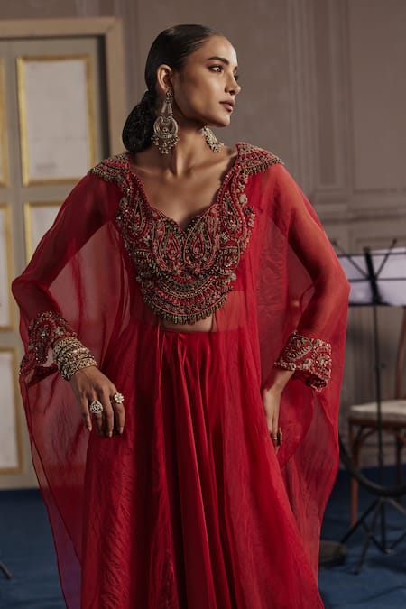 Shop Ridhima Bhasin Red Silk, Organza Sequins Scoop Neck Embroidered Kaftan And Palazzo Set Online at Aza Fashions Shop_Ridhima Bhasin_Red Silk, Organza Sequins Scoop Neck Embroidered Kaftan And Palazzo Set _Online_at_Aza_Fashions