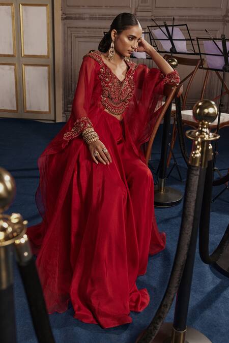 Ridhima Bhasin Red Silk, Organza Sequins Scoop Neck Embroidered Kaftan And Palazzo Set at Aza Fashions Ridhima Bhasin_Red Silk, Organza Sequins Scoop Neck Embroidered Kaftan And Palazzo Set _at_Aza_Fashions