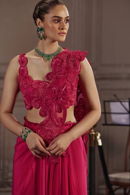 Ridhima Bhasin_Fuchsia Crepe, Organza Cut Work, Sequins Cutwork Embellished Pre-draped Saree _Online_at_Aza_Fashions