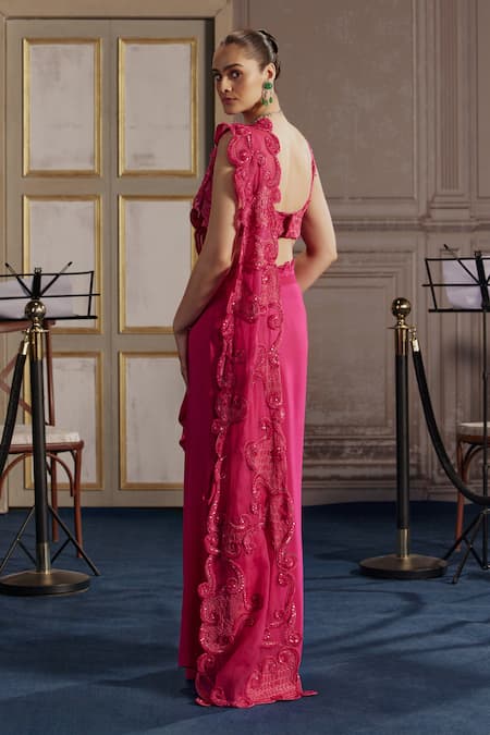 Ridhima Bhasin Fuchsia Cutwork Embellished Pre-Draped Saree 