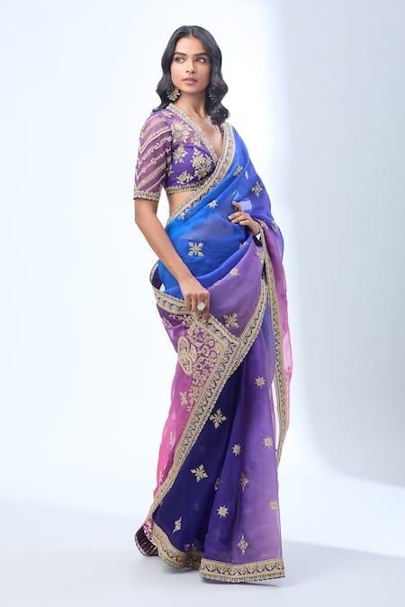 Buy_Torani_Blue Chiffon Sequins, Zari, Embroidery V-neck Ombre Saree Set _Online_at_Aza_Fashions