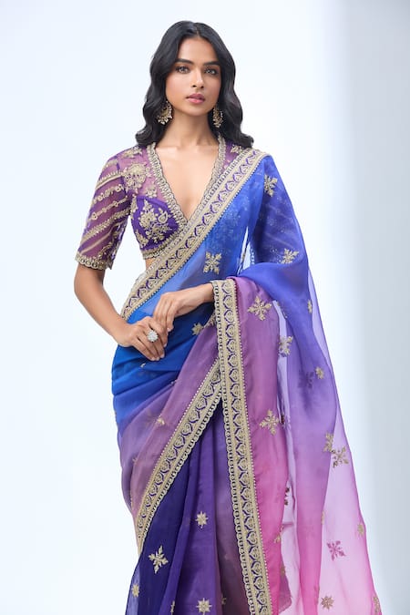 Buy_Torani_Blue Chiffon Sequins, Zari, Embroidery V-neck Ombre Saree Set 