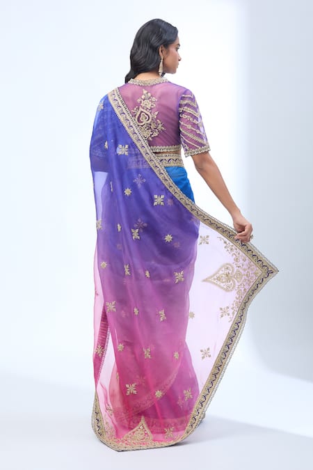Shop_Torani_Blue Chiffon Sequins, Zari, Embroidery V-neck Ombre Saree Set _at_Aza_Fashions