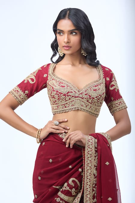 Torani Red Silk, Cotton Zari, Sequins, Beads Asymmetric Paisley Embroidered Saree Set Online at Aza Fashions Torani_Red Silk, Cotton Zari, Sequins, Beads Asymmetric Paisley Embroidered Saree Set _Online_at_Aza_Fashions